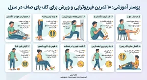 پوستر آموزشی ۱۰ تمرین فیزیوتراپی و ورزش برای کف پای صاف در منزل